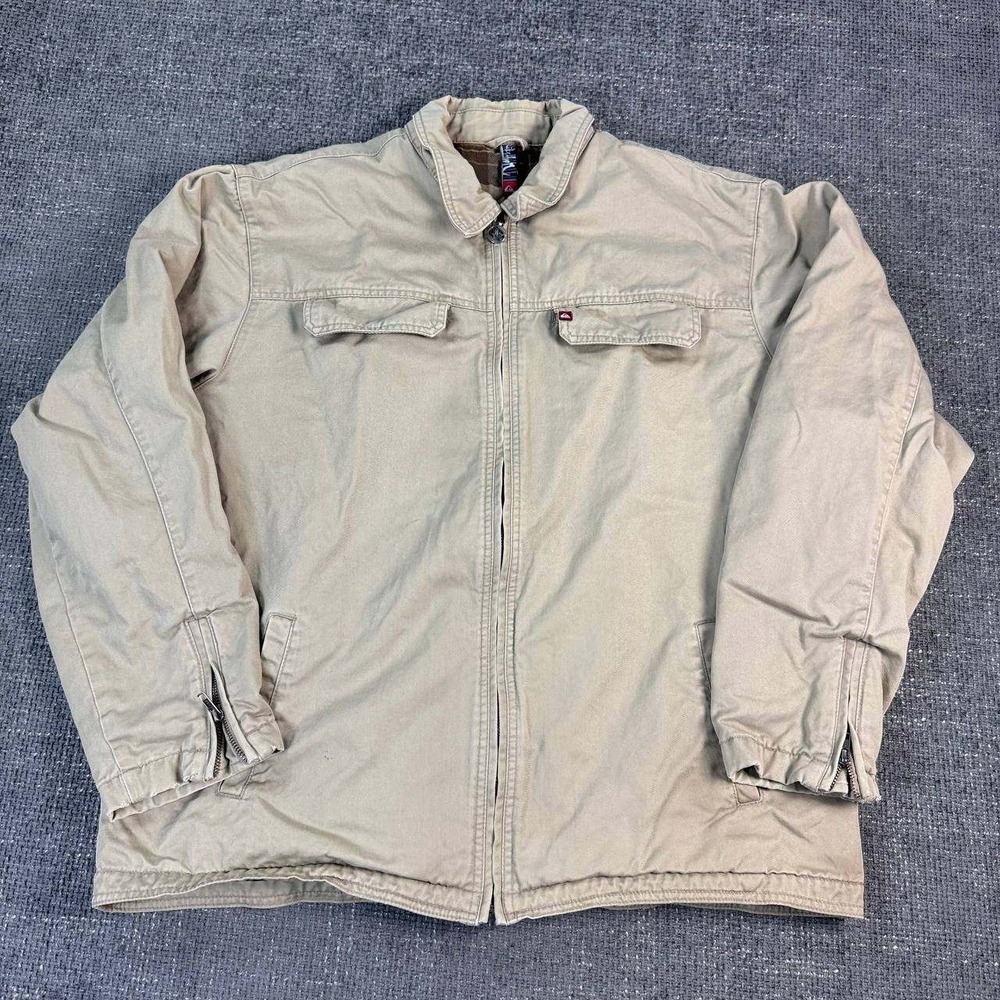 Quiksilver Workwear Jacket Mens XL Tan Plaid Lined Y2K Skate Cotton Twill Zip